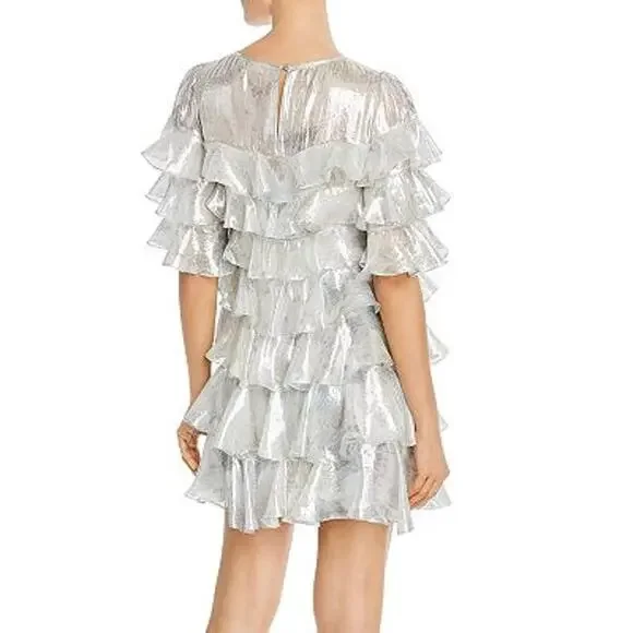 Rebecca Taylor Lily Ruffle Tiered Mini Dress Metallic Silk Blend Silver Size 0
